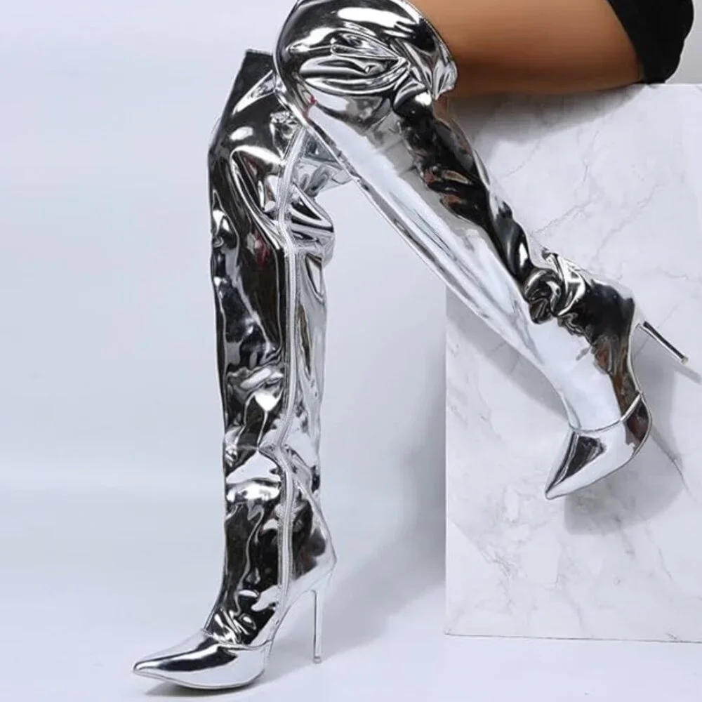 NIB (6.5) THIGH HIGH SLEEK & SILVER SEXY-ASS SUPERHERO STILETTOS